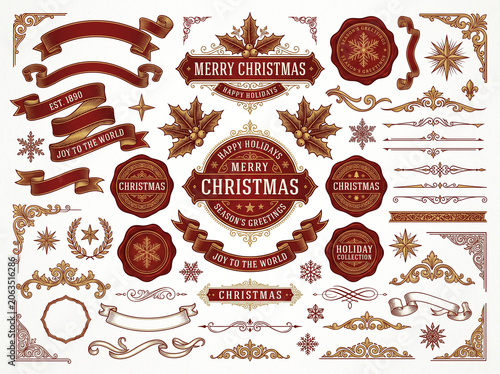 Christmas Vintage Red Gold Ribbon Banner Badge and Frame Collection Holiday Design