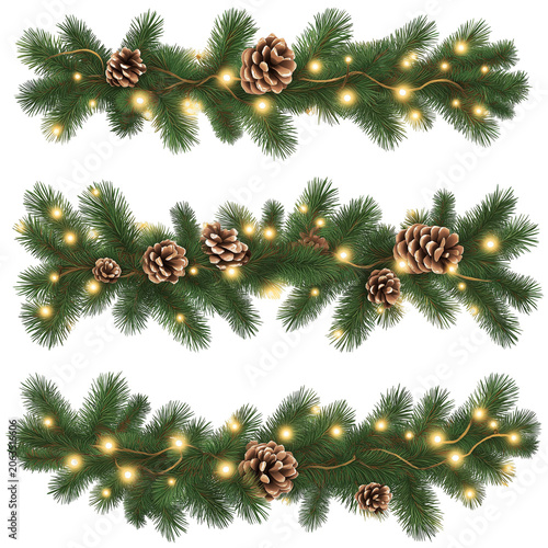 Three Horizontal Christmas Garland Designs with Pine Branches and Pinecones
