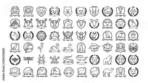 Photography Wildlife animal emblems, 60 hand-drawn vector icons, nature-inspired badges and crests, safari and zoo animal symbols, perfect for branding and design projects