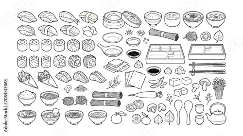 Foto Japanese cuisine vector icon set, traditional Asian food collection, sushi and sashimi, ramen bowls, dim sum, chopsticks, and ingredients, black and white line art for menus and packaging