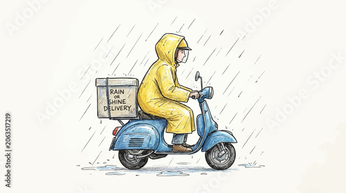 Schilderij op canvas A person wearing yellow rain gear rides a blue scooter through rain delivering p