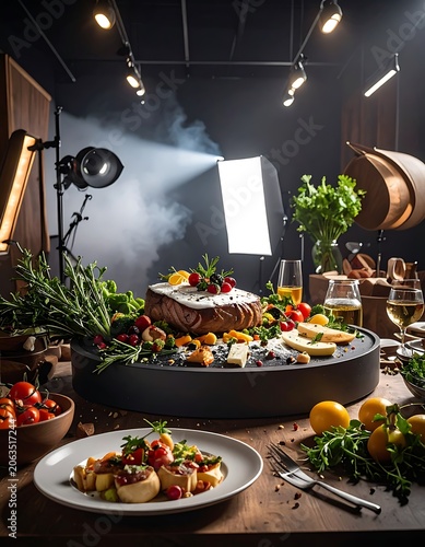 A lavish spread on a table with various dishes and fruits