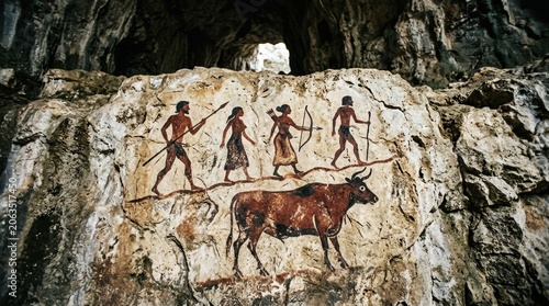 Photograph cave painting rock group four Ancient depicts hunters pursuing a large wild bull