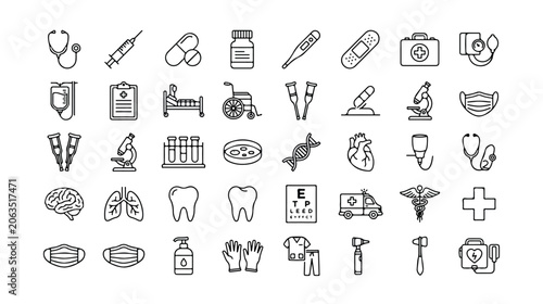 Schilderij op canvas Medical healthcare icons, a comprehensive collection of 40 essential line art symbols for health and medicine