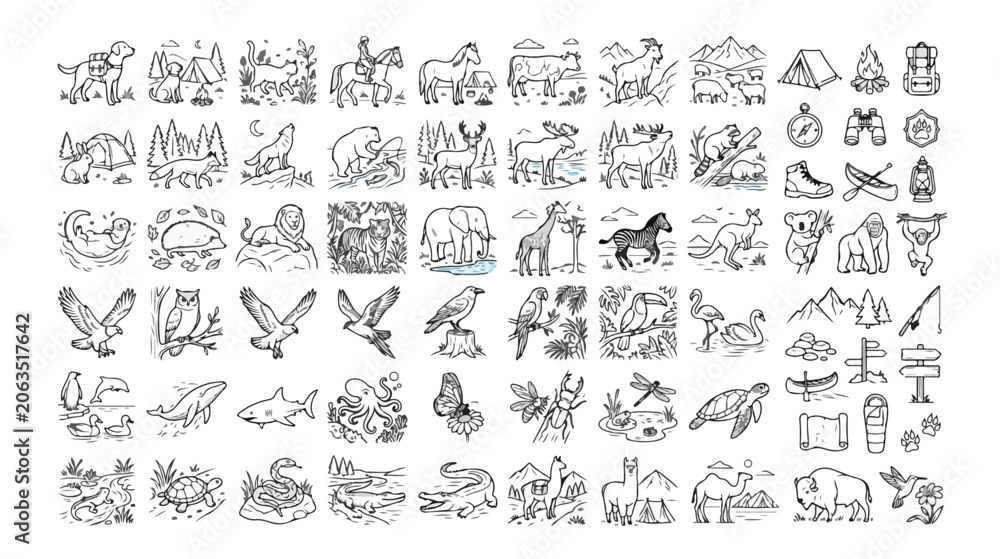 Naklejka premium Wildlife and Nature Hand-Drawn Icon Set, 80 Black and White Vector Illustrations, Outdoor Adventure and Animal Kingdom Graphics, Camping and Safari Themed Line Art Collection