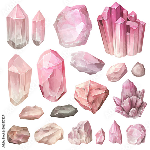Watercolor Crystals in Various Shapes and Shades of Pink, Purple, and Gray