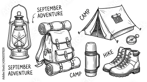 Quadro su tela Hikers prepare for a September adventure with a camp backpack and gear