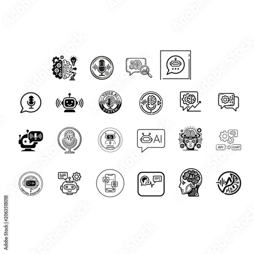 Black and white ai technology icons set