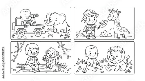 Canvas Print Baby Safari Adventure Vector Set, adorable toddler explorers with jungle animals