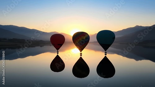 Hot air balloons flying over a calm lake at sunrise with beautiful mountain reflection in the water
