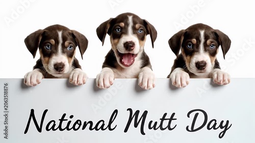 National mutt day concept with three cute mixed breed puppies peeking over a white blank sign board