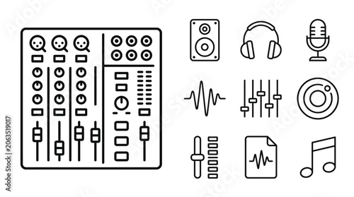 Schilderij op canvas Music Production Icons: Mixer, Headphones, Microphone, Speaker, Soundwave