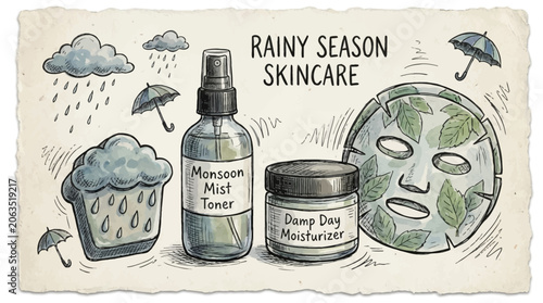 Bild auf Leinwand Skincare products for rainy season with face mask and moisturizer