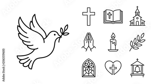 Fotografie Dove with olive branch and religious icons: cross, bible, church