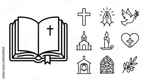 Foto Christianity Icons: Bible, Cross, Dove, Church, Candle, Praying Hands
