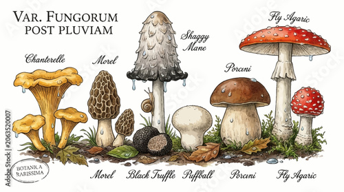 Photos Various types of mushrooms and fungi grow in forest after rain