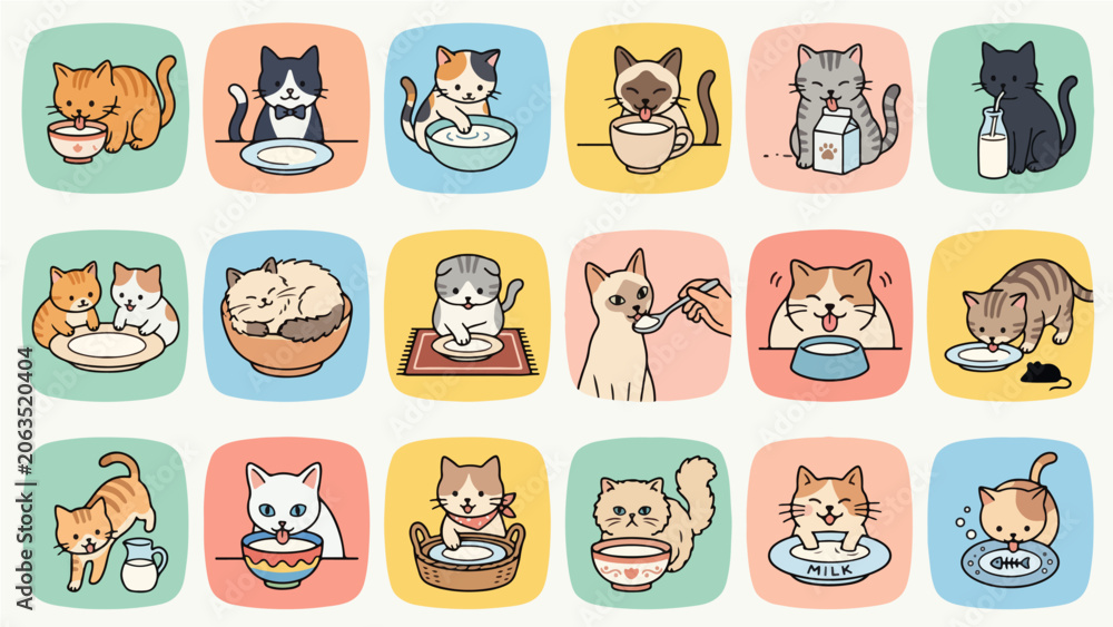 Obraz premium Cat Drinking Milk Mealtime Sticker Set Vector Illustration Pet Avatar Collection