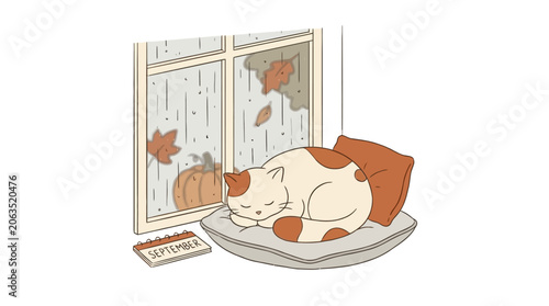 Fotografie A cat sleeps on a cushion by a window with autumn leaves and a pumpkin outside