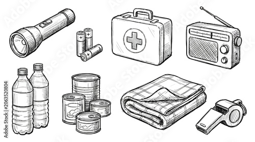 Tableau sur toile Emergency responders prepare supplies including a first aid kit and radio outdoo