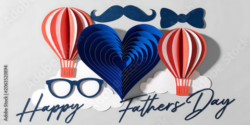 Happy fathers day greeting card featuring paper heart balloon and gentleman accessories