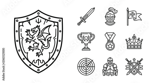 Tableau sur toile Medieval Knight Icons: Shield, Sword, Helmet, Crown, Trophy
