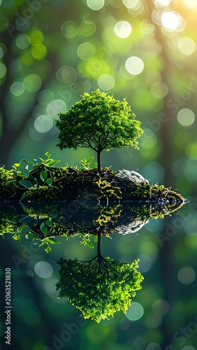 A serene forest scene with a small tree on a rocky outcrop