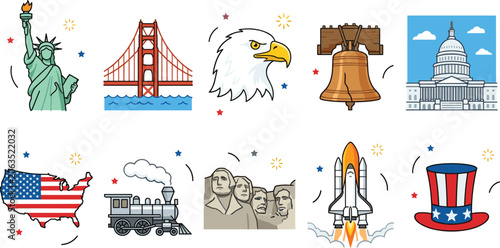 Konstfotografi United States landmarks and patriotic American symbols icon set featuring Statue