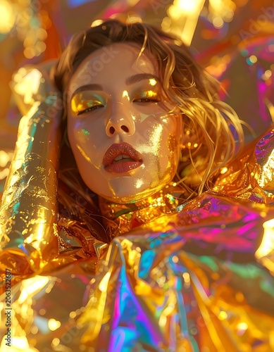 A woman with shiny gold foil covering her body