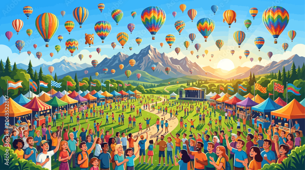 Fototapeta premium A joyful balloon festival scene with colorful hot air balloons filling the sky, ideal for travel promotions, tourism campaigns, festivals, editorial illustrations, and seasonal artwork.
