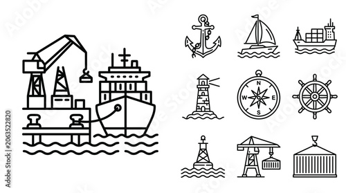 Tableau sur toile Nautical Icons and Shipping Port Crane with Cargo Ship