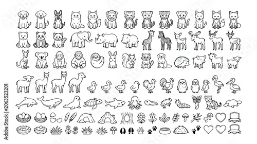 Canvastavla かわいい動物のアイコンセット、シンプルな線画のペット、野生動物、家畜、海洋生物、昆虫、植物のベクターイラストコレクション、子供向けデザインや教育素材に最適