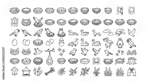 Tableau sur toile 鳥の巣、卵、鳥のシルエットを含む手描き風ベクターアイコンセット。自然、野生動物、春のテーマに最適な、多様なデザイン要素コレクション。