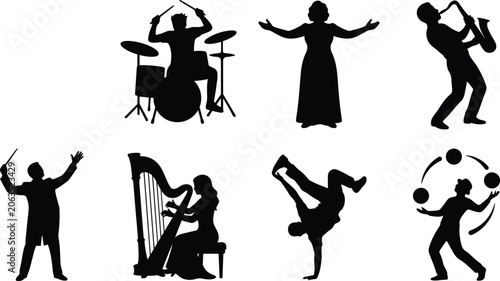 Bild auf Leinwand Performance arts silhouette icons set featuring musicians dancer juggler and con