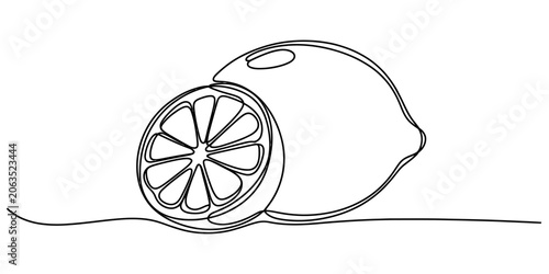 Bild auf Leinwand Continuous single line drawing of fresh whole lemon and sliced piece of citrus f