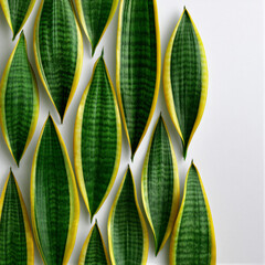 Aerial top view of snake plants in a geometric grid on white background. Minimalist botanical photography with soft lighting, yellow leaf margins, and ample negative space for logos or ad copy.