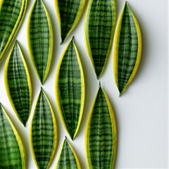 Aerial top view of snake plants in a geometric grid on white background. Minimalist botanical photography with soft lighting, yellow leaf margins, and ample negative space for logos or ad copy.