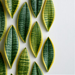 Aerial top view of snake plants in a geometric grid on white background. Minimalist botanical photography with soft lighting, yellow leaf margins, and ample negative space for logos or ad copy.