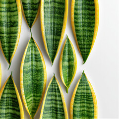 Aerial top view of snake plants in a geometric grid on white background. Minimalist botanical photography with soft lighting, yellow leaf margins, and ample negative space for logos or ad copy.