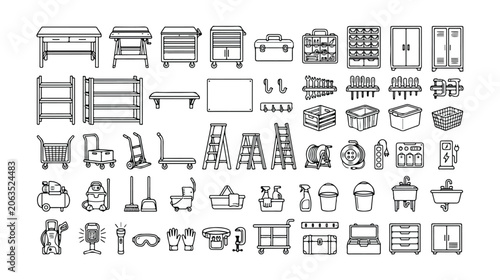 Garage and workshop tools vector icon set, essential equipment for home improvement and DIY projects, industrial storage and repair supplies, monochrome line art collection.