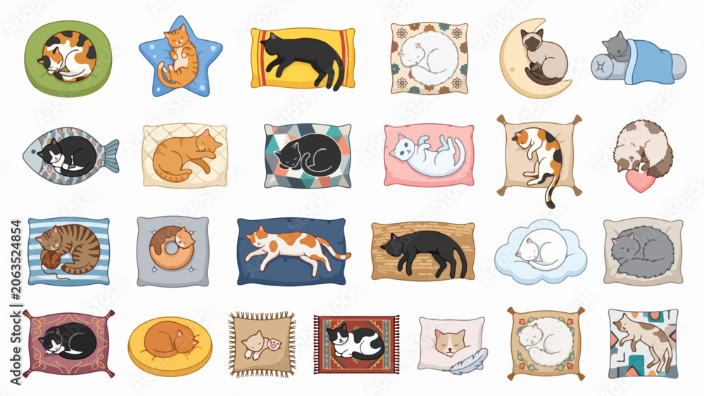 Obraz premium Sleeping Cat on Cushion Sticker Set Vector Illustration Cozy Pet Collection