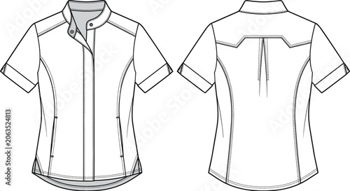 Fotografía Technical Fashion Flat Sketch of Short Sleeve Spa Tunic with Stand Collar and Ba