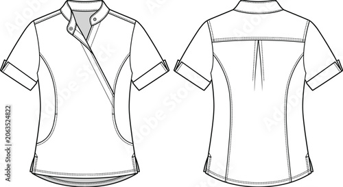 Quadro su tela Technical Fashion Flat Sketch of Short Sleeve Spa Tunic with Asymmetric Wrap Nec