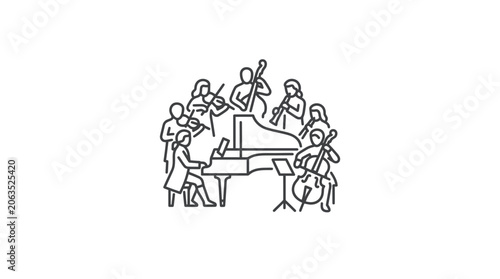 Bild auf Leinwand Chamber music ensemble line art with piano and string players.