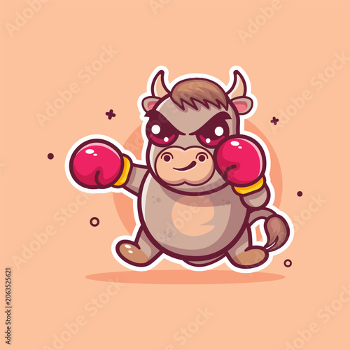funny bull animal character mascot playing boxing sport isolated cartoon