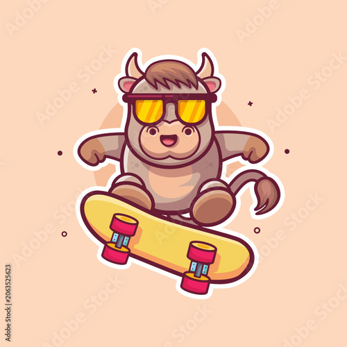 happy bull animal character mascot playing skateboard isolated cartoon