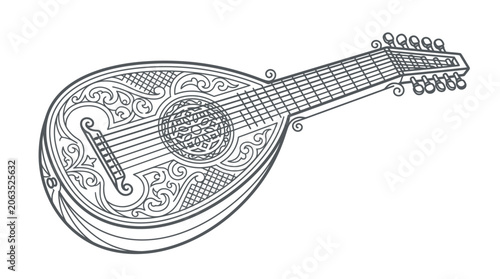 Canvastavla Detailed ornate mandolin string instrument line art drawing.
