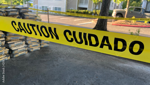 Caution tape, construction site, yellow police line crime