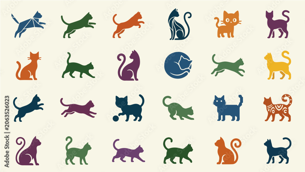 Obraz premium Colorful Cat Silhouette Logo Icon Set Vector Illustration Pet Symbol Collection