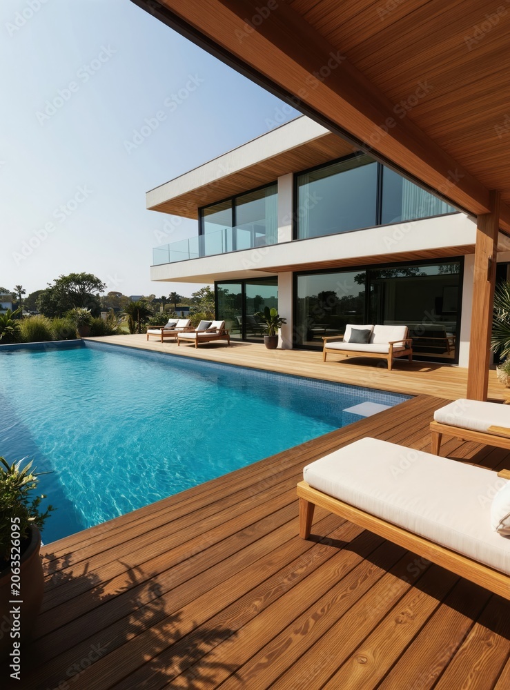 Fototapeta premium Modern luxury villa with swimming pool on a sunny day. Outdoor wooden deck with lounge chairs and sofas. Elegant residence with large windows and balcony. Tropical garden surroundings. Calm leisure.
