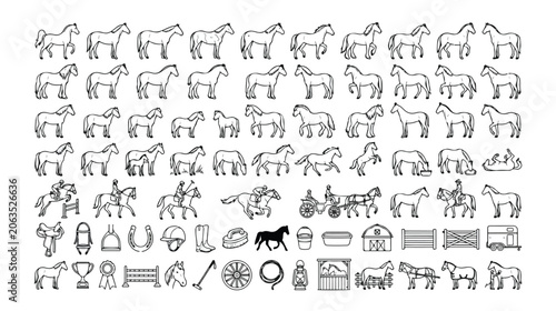 Equestrian vector icon set, 100 black and white horse-related line art illustrations, horse riding and stable equipment collection, farm animal and ranch lifestyle graphic resources.